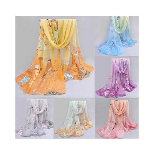 Women Magpie Floral Print Scarf Fashionable Breathable Chiffon Neck Shawl Vintage Clothing And Accessories Multicolor 6 Colors