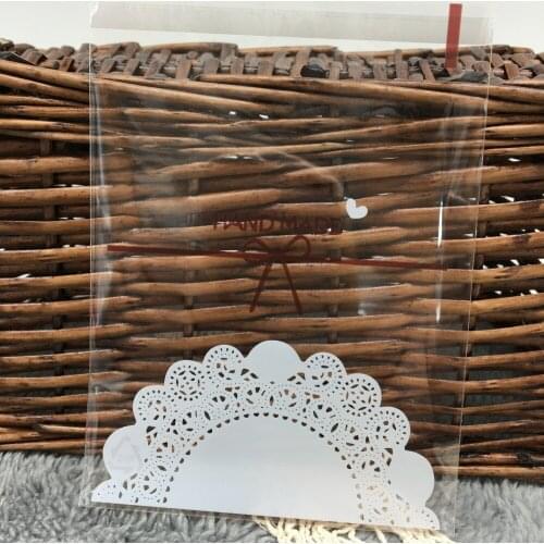 50 pcs/lot Cookie packaging white lace bow self-adhesive plastic bags for biscuits snack baking package