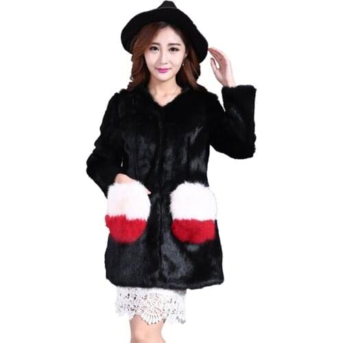 Lady Luxury Real Rabbit Fur Coat Jacket Fox Fur Pocket Autumn Winter Women Fur Trench Outerwear Coats Clothing VF4048