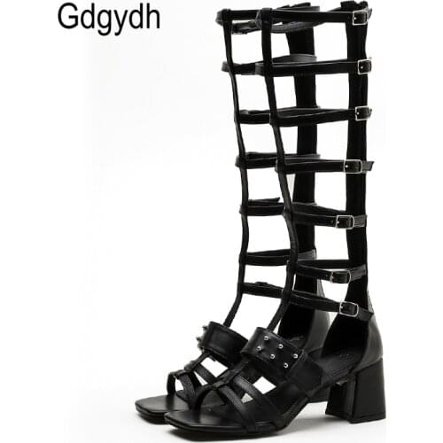 Gdgydh Gladiator Sandals Women Summer Square Heel Open Toe Back Zipper Hollow Out Fashion Footwear Beach Roman Style Top Quality