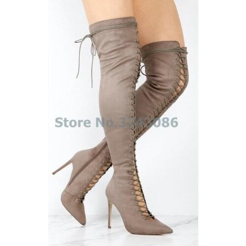 New Nude Black Gray Suede Over The Knee Long Boots Pointed Toe Cross Tied Lace Up Lady Boots Hollow Out Thin High Heel Shoes