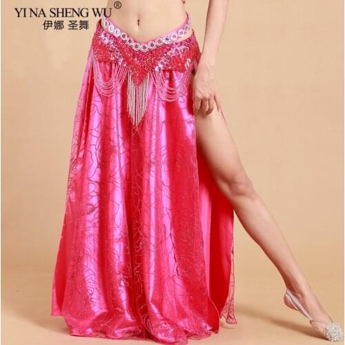 Women Belly Dance Costume Long Sexy Skirt Side Split Sequin Skirt Oriental Dancing Performance Clothing Dress Stage Dancer New