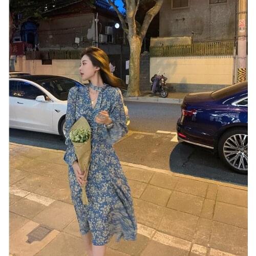 French Floral Dress Women Vintage Retro Chiffon Midi Dress Long Sleeve Elegant Chic Korean Dress Womens Clothing Autumn
