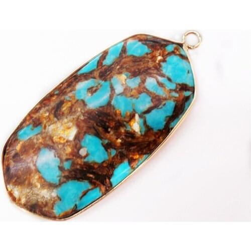 1Pcs 49x23x5mm Bronze And Blue Sea Sediment Jasper & Pyrite Oblong Metal Package Edge Pendant Bead DIY Jewelry Accessories S847