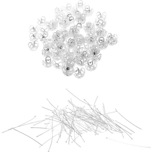 100Pcs 50mm Silver Plated Ball Head Pins Spacer Beads with 100-Piece Silver 4-Leaf Filigree Bead Caps (8mm)