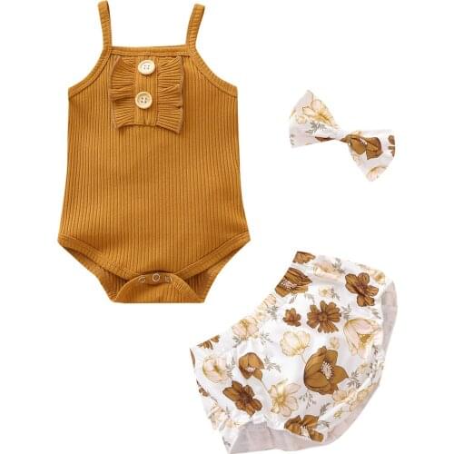 2021 0-24M Baby Girl Clothing Ruffle Button Ruffle Sleeveless Knitted RomperTop+Floral Print Triangle Shorts+Headband Summer Set