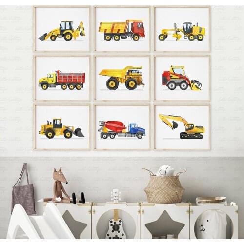 Construction Vehicles Watercolor Art Canvas Painting Kids Room Decor Transportation Truck Playroom Posters and Prints Boys Gift
