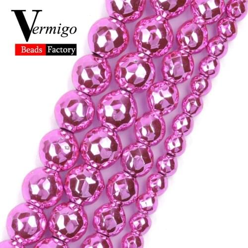 Natural Stone Plating Pink Faceted Hematite Beads For Jewelry Making 3 4 6 8 10mm Spacer Loose Beads Diy Handmade Bracelets 15"