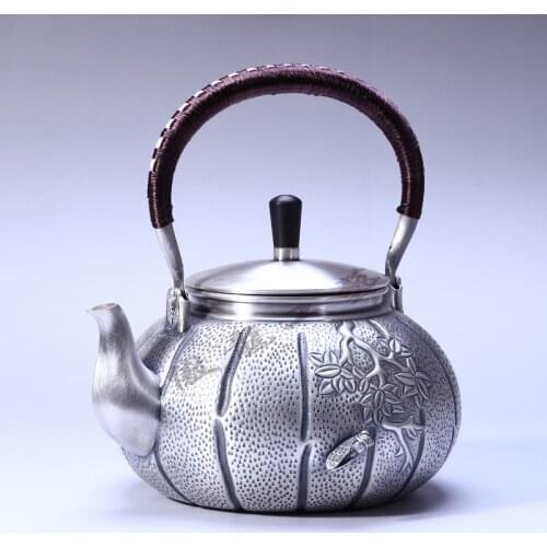 Teapot, kettle, hot water teapot, iron teapot, stainless steel kettle, tea bowl, 1400ml capacity, handmade S999 sterling silver