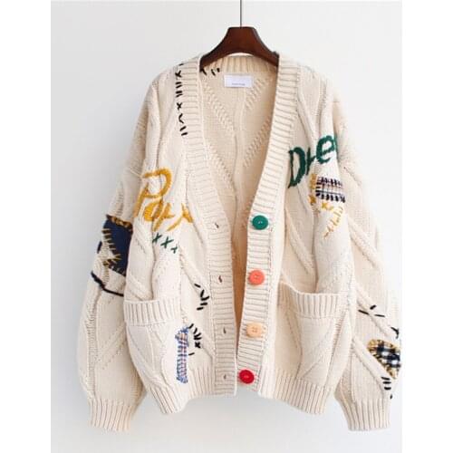 2021 Autumn Winter Women Cardigan Warm Knitted Sweater Jacket Pocket Embroidery Fashion Knit Cardigans Coat Lady Loose Sweaters