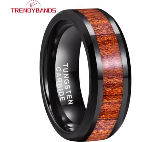 8MM Balck Red Wood Inlay Tungsten Carbide Rings For Men Women Wedding Bands Beveled Edges Comfort Fit