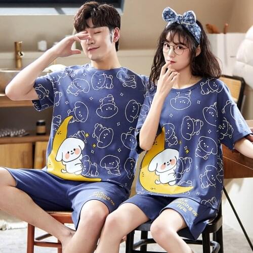 Summer Cotton Pajamas Sets Fashion Blue Short Sleeve Couple Sleepwear Leisure Plus Size Mens Homewear Korean Cute Women Pajamas