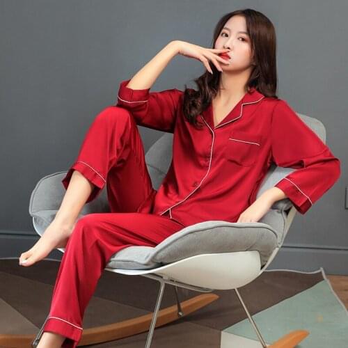 Long Sleeve Women Pajamas Set Faux Silk 2PCS Sleepwear Loose Shirt&Pants Femme Casual Pijamas Suit Burgundy Sleep Set Home Wear