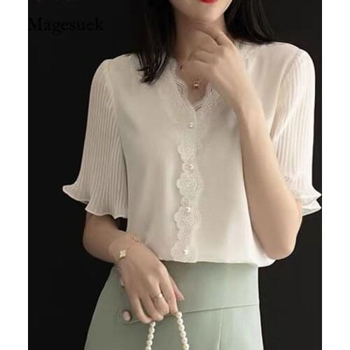 Summer V Collar White Top New Short-sleeved Ruffled Sleeve Womens Top and Blouse Elegant Chiffon Blouse Soft Lace Shirt 14270
