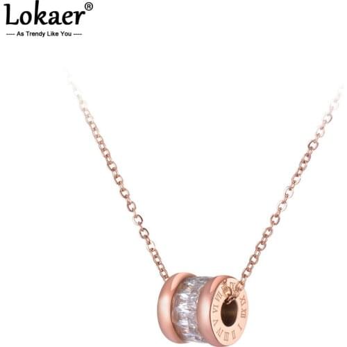 Lokaer Classic Cubic Zirconia Circle Chokers Necklaces Roman Numerals Gold Color Stainless Steel Female Pendant Jewelry N19023