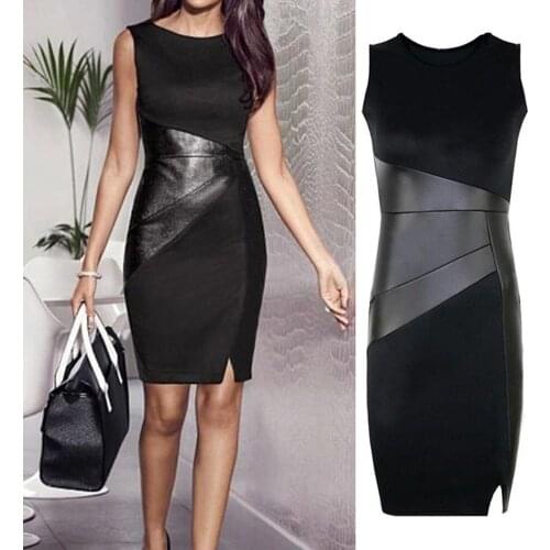Fashion Lady Patchwork Sleeveless Slit Bodycon Midi Cocktail Party Banquet Dress