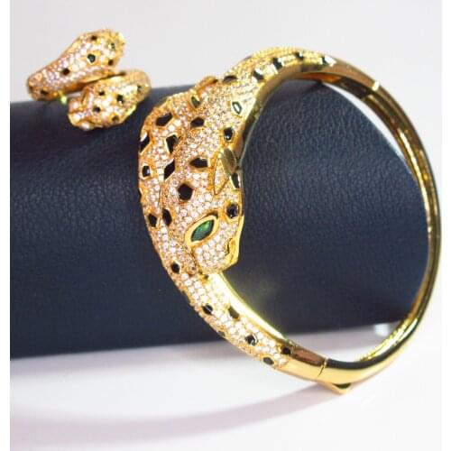 Fashion Bangle with Ring AAA+ Cubic Zirconia Stone Animal Panther bracelet For Women Copper Party Leopard jewelry set wholesale