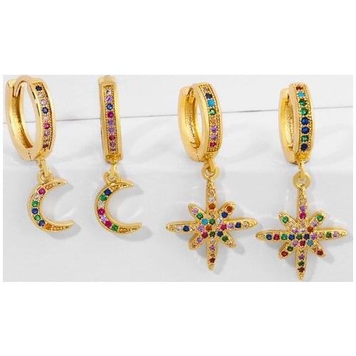 Moon star multicolor Brass micro pave cz zircon cubic zirconia drop Hoop Earrings studs copper gold plated crystal xge3