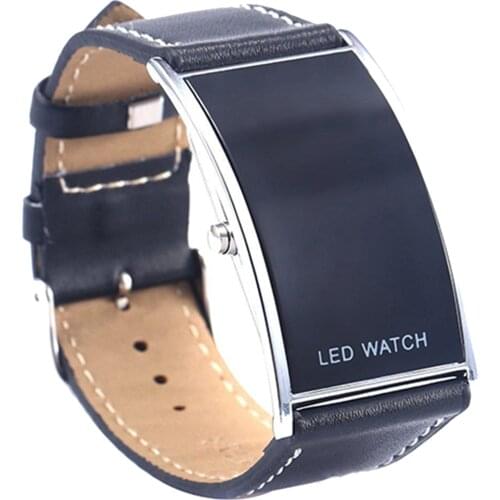 Mens Womens LED Digital Date Rectangle Dial Faux Leather Strap Electronics Wrist Watch