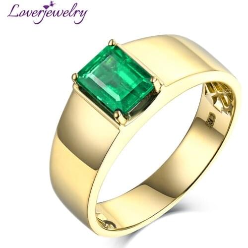 LOVERJEWELRY Man Rings Natural Colombia Emerald Real 14K Yellow Gold For Boyfriend Engagement Anniversary Mens Ring Loving Gift