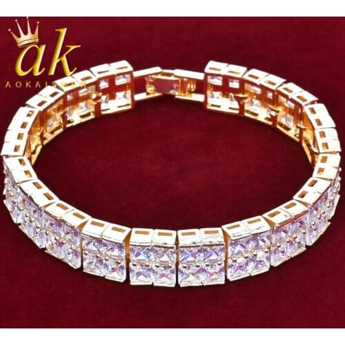 Mens Zircon Tennis Bracelet Hip Hop Style Fashion Jewelry 2 Row Gold Color AAA CZ Bracelet Link 8"