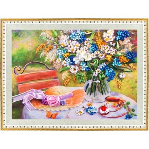65x50cm In the side of happiness Ribbon embroidery kit stain painting set handcraft kit DIY handmade needlework art home decor