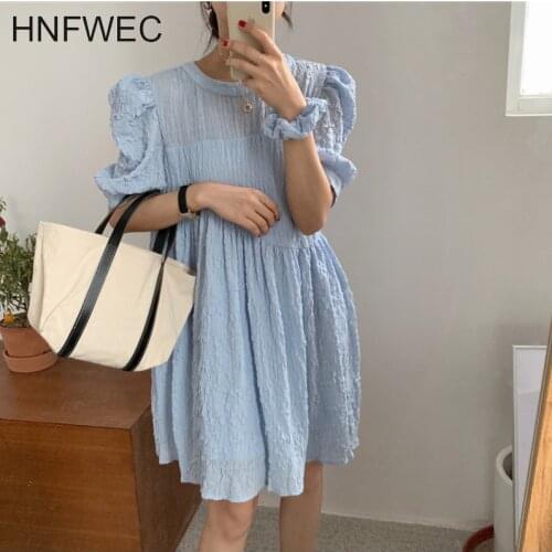 New 2020 Summer Sweet Dress Girls Solid Color Cotton Fashion Women Dress Puff Sleeve Short Sleeve Women Clothing T821
