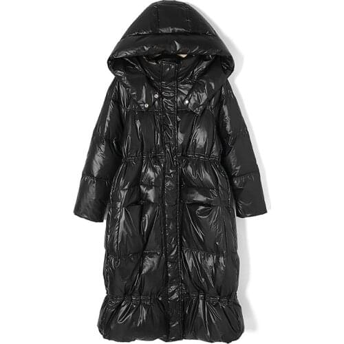 Down jacket in 2020 the new female over-the-knee feather long fashion hooded bright face with thick warm winter coat