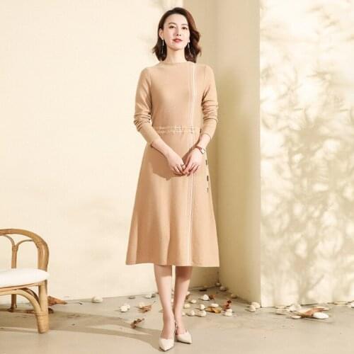 FRSEUCAG New product high quality 100% cashmere womens dress solid color knitted 0-neck full sleeve pullover Fashion Lace dress