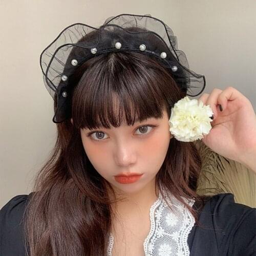 Fashion Retro Pearl Lace Net Yarn Woman Hairband With Clips Double Band Headband Hair Bezel Hair Hoop Hair Accessories Headwear