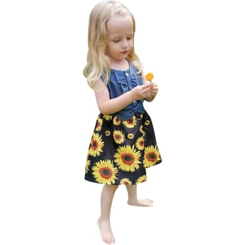 Toddler Baby Girls Denim Floral Printd Sleeveless Dress Ruffled Bow Princess Fashion Tutu Dress 2021 Girls Clothing Vestidos D30