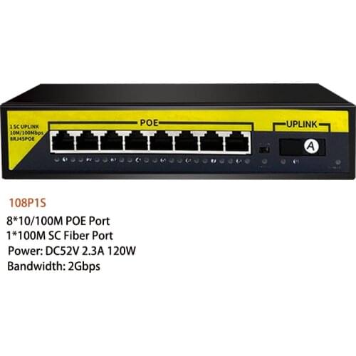 10/100M Fiber Media Converter 8-Port POE Switch with 1 Port SC Fiber Option 52V 2.3A 120W Internal Power IEEE 802.3 AF/AT