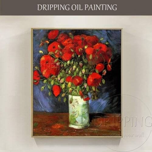 Excellent Artist Hand-painted High Quality Impressionist Van Gogh Oil Painting Vase with Red Poppies Oil Painting for Wall Decor