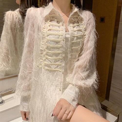 Hot Sexy Women Transparent Shirt Dress Court Spliced Pearls SIngle Breasted Mini Dresses Tassels Puff Sleeve Party Shirts Dress
