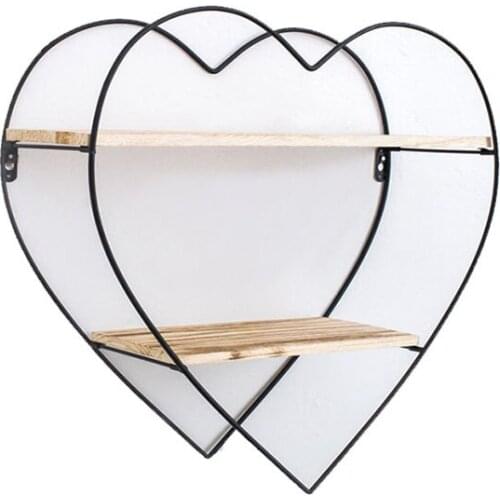 Love Heart Shape Wrought Iron Stand Wooden Wall Hanging Shelves Solid Wood Wall Decor Rack Shelves for Books Storage Organizer
