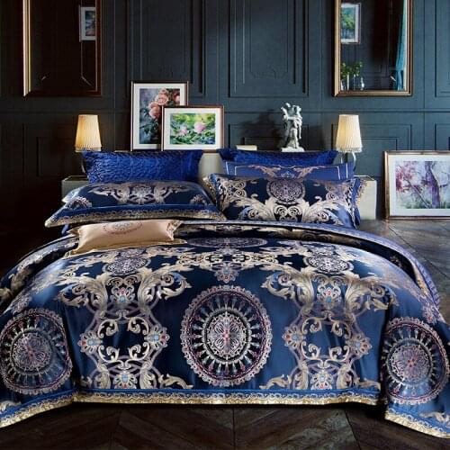 Luxury European High Precision Satin Jacquard Long Staple Cotton Bedding Set Bule Duvit Cover Sheet Pillowcase King Queen 4 PCS