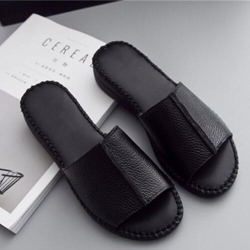Tilocow Women Genuine Leather Slippers Ladies Peep-Toe Solid Shoes Woman Retro Sewing Flip Flops Female Flat With Slides Summer
