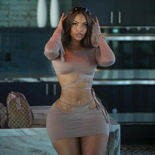 Sexy Cut Out Dress Sets Club Wear 2 Piece Sets Womens Outfits Hollow Mini Skirts with Long Sleeve Crop Top Summer Autumn 2021