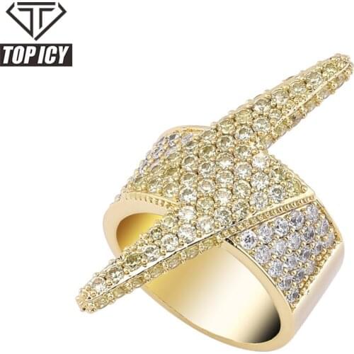 Top Icy luxury hotselling hip hop bling jewelry iced out rings lightning shape cubic zircon cz thick rockers gemstone rings