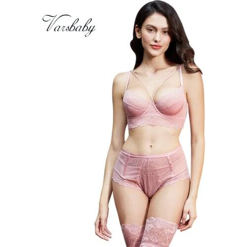 Varsbaby sexy lace deep V unlined hollow breathable bra and panty set bra+panties+stockings 3 pcs