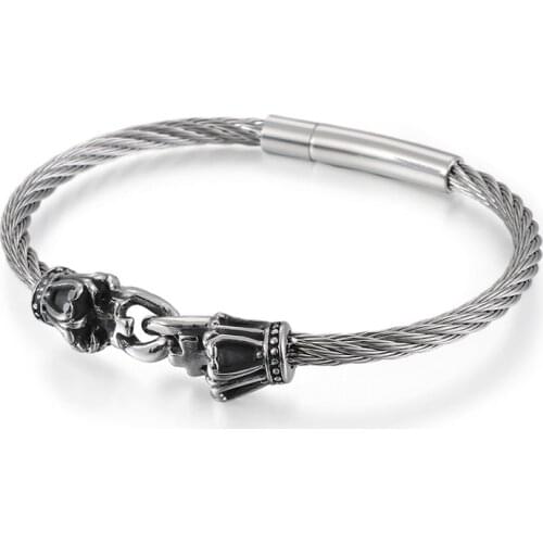 Domineering personality Skull titanium steel bracelet Vintage Gothic double Skull wire bracelet