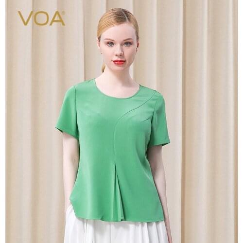 VOA Heavy 36m/m Silk Round Neck Short Sleeve Green Asymmetric Stitching Hem Refreshing Wild Stretch T-shirt BE557 Woman Tshirts