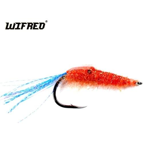 Wifreo 4PCS 4/0 Orange Shrimp Saltwater Bait Fish Flies with Pearl Flashabou Tail Artificial Trout Fly Fishing Hooks Lose Shrimp