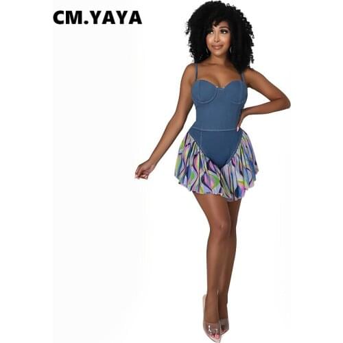 CM.YAYA Women Playsuit Denim Patchwork Sleeveless Strap Back Zipper Stretchy Bodycon Playsuits Fashion High Streetwear Summer