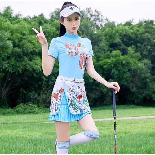 Women Set Clothing Summer Lady Golf Short-Sleeved T-Shirt Butterfly Knot Clothes Quick-Dry Sports Wear Printing Pleated Skirt MG