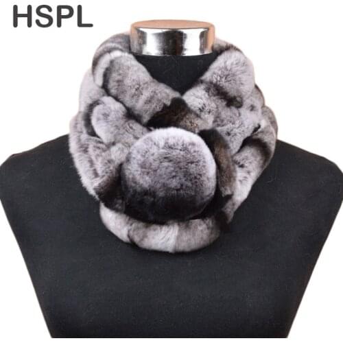 HSPL Fur Scarf Women Hot sale warm Soft Rabbit Scarves Winter Real Fur Scarf With Big Fur Ball Button cachecol bufandas mujer