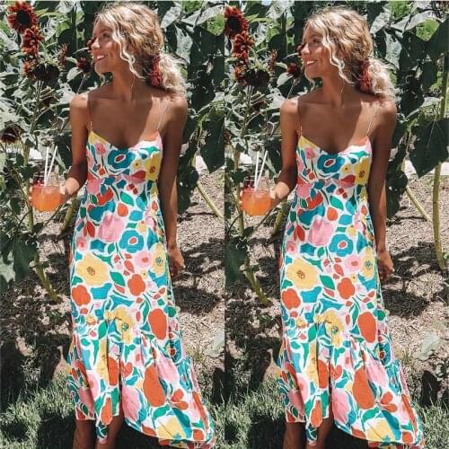 Women Bohemian Sundress Summer V-neck Chiffon Floral Trumpet Prairie Chic Long Maxidress Beach Dress