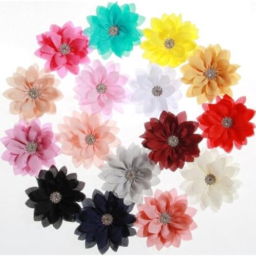 200PCS 3.4" 8.5CM Fashion Lotus Leaf Flowers With Rhinestone For Hair Clips Chiffon Flowers For Hair Accessories Headbands