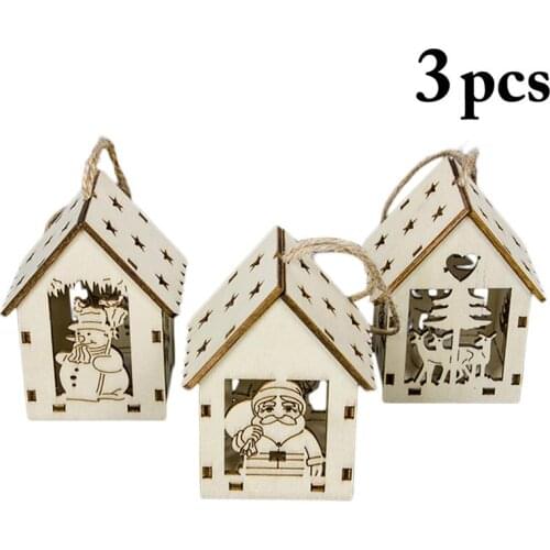 3PCS Christmas Hanging Ornament LED Light Up Wooden Ornament Xmas Tree Decor