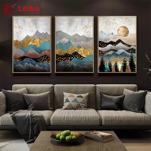 Diy Diamond Painting Abstract golden art, flying birds in the mountains at sunset Diamond Embroidery Full square round drilling